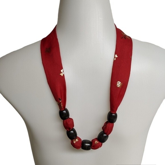 Ribbon & Wood Beads Asian Theme Necklace / Choker - Picture 1 of 6